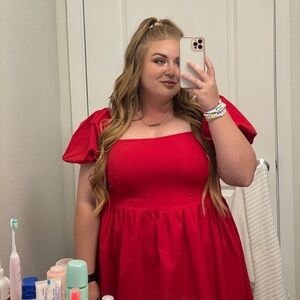 Trendy Mid Plus Size Red Babydoll Puffy Sleeve Selkie Style Dress 0XL Size 12-16